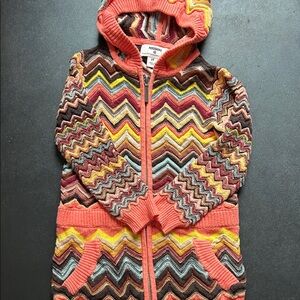 Missoni Multicolor Zigzag Hooded Knit Jacket with Coral Trim